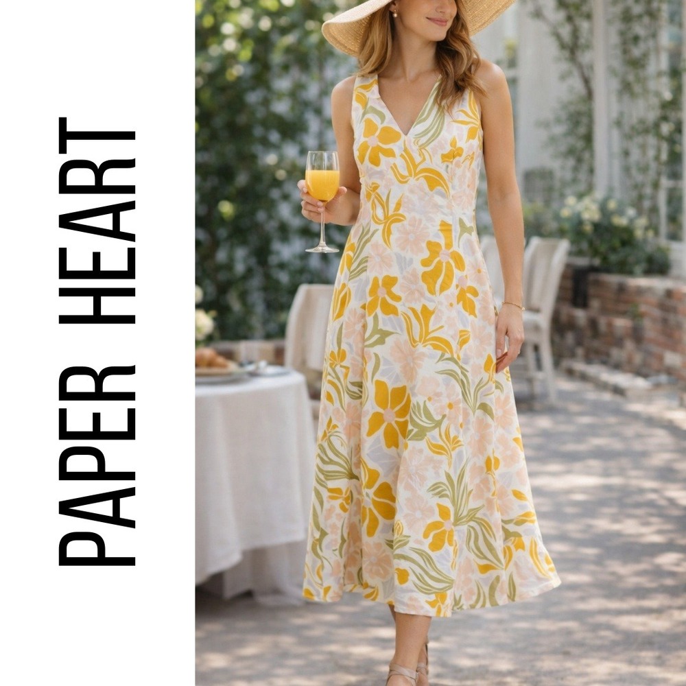 NWT,‎ PAPER HEART, Maxi Dress Floral Print Yellow Pink V-Neck Sleeveless Medium